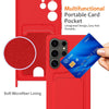 For Samsung Galaxy S25 Ultra 5G Integrated Card Bag Solid Color Liquid Silicone Phone Case with Lanyard(Red)