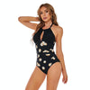 DS40 Ladies Slim and Conservative Halter Neck Swimsuit, Size: S(Black Bottom Leaf Pattern)