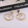 Women Simple Metal Braided Hollow Ring Earrings Personality Number 5 Pearl Earrings(gold)