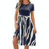 Women Spring Summer Round Neck Splicing Printed Short Sleeve Big Hem Dress, Size: XL(Navy)