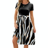 Women Spring Summer Round Neck Splicing Printed Short Sleeve Big Hem Dress, Size: M(Black)