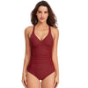 HS18110 Women Belly Cover One-Piece Swimsuit With Chest Pad, Size: M(Red Wine)