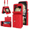 For Samsung Galaxy Z Flip6 Rhombic Texture Card Bag PU Phone Case with Long Lanyard(Red)