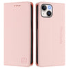 For iPhone 15 RC01 Dual-Folded Magnetic Suction RFID Leather Phone Case(Pink)