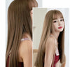Female Black Long Straight Wig With Air Bangs(Honey Tea Linen (Solid Color) 58CM)