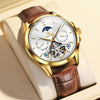 OLEVS 6663 Men Multifunctional Waterproof Hollow Leather Strap Mechanical Watch(White + Brown)