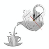 Creative DIY Acrylic Coffee Cup Teapot 3D Wall Clock Decorative Kitchen Wall Clocks Living Room Dining Room Home Decor Clock(Silver)