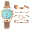 Ladies Magnet Buckle Watch Casual Flower Dial Watch Alloy Mesh Quartz Watch(Gold Sky Blue+Bracelet)
