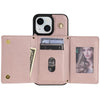 For iPhone 14 Three Fold Card Bag Phone Case with Long Lanyard(Rose Gold)
