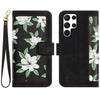 For Samsung Galaxy S23 Ultra 5G Floral Pattern Leather Phone Case with Lanyard(Black)