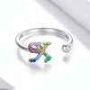 S925 Sterling Silver 26 English Letters Colorful Zircon Women Open Ring, Style:X