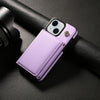 For iPhone 15 Three Fold Card Bag Phone Case with Long Lanyard(Purple)