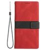 For iPhone 14 Pro Grid Stitching Leather Phone Case with Lanyard(Red)