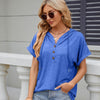 Ladies Summer Hooded Button Loose Short Sleeve T-Shirt Blouse, Size: S(Blue)