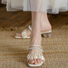 Silk Mesh Pearl Outerwear Crystal Mid-heel Sandals Sippers, Size: 35(Beige)
