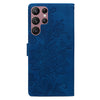 For Samsung Galaxy S22 Ultra 5G Lace Floral Embossed Magnetic Buckle PU Phone Case With Wrist Strap(Blue)