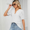 Women Summer Casual V-Neck Hollow Bubble Sleeve Loose T-Shirt, Size: M(White)
