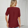 Women Summer Casual V-Neck Hollow Bubble Sleeve Loose T-Shirt, Size: XL(Wine Red)