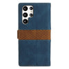 For Samsung Galaxy S22 Ultra 5G Grid Stitching Leather Phone Case with Lanyard(Blue)