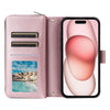 For iPhone 15 Nine-card Slots Zipper Wallet Bag Leather Phone Case(Rose Gold)