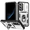 For Samsung Galaxy S25 5G Sliding Camshield TPU Hybrid PC Phone Case with Holder(White+Black)