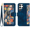 For Samsung Galaxy S24 Ultra 5G Floral Pattern Leather Phone Case with Lanyard(Dark Blue)