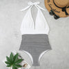 Summer One-piece Backless Lace-Up Ladies Swimsuit Floral-print Halter Bikini, Size: L(White+Oblique Strip)