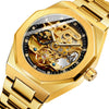 FORSINING F980 Luminous Three Eye Six Shot Weekly Steel Belt Men Fully Automatic Mechanical Watch(Gold Belt Black Face)