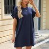 Women Spring Summer Round Neck Pocket Loose Short Sleeve Dress, Size: M(Navy)