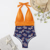 Summer One-piece Backless Lace-Up Ladies Swimsuit Floral-print Halter Bikini, Size: XL(Orange+Flower)