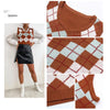 Plaid Sleeveless Ladies V Neck Knit Crop Top Sweater Vest, Size:L(Coffee)