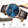 OLEVS 5869 Men Business Waterproof Genuine Leather Strap Quartz Watch(Blue + Rose Gold)