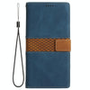 For iPhone 13 Pro Max Grid Stitching Leather Phone Case with Lanyard(Blue)