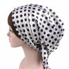 TJM-226 Ladies Satin Print Ribbon Bow Turban Hat Night Cap Silk Chemotherapy Hat Long Tail Braid Hat(White Black Spots)