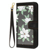 For iPhone 15 Floral Pattern Leather Phone Case with Lanyard(Black)