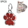 5x Red Metal Pet ID Tags, Zinc Alloy, Engraved Paw Print, with Rings