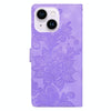 For iPhone 14 Plus / 15 Plus Lace Floral Embossed Magnetic Buckle Leather Phone Case(Purple)