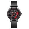 SANDA 1074 3D Hollow Out Wheel Non-rotatable Dial Quartz Watch for Women, Style:Mesh Belt(Black Red)