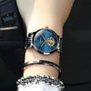 JIN SHI DUN 8812 Women Simple Hollowed Waterproof Automatic Mechanical Watch(Black Steel Strip Blue)