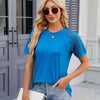 Summer Women Round Neck Flower Lace Patchwork Short Sleeve T-Shirt, Size: M(Peacock Blue)