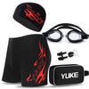 YUKE Men Swimming Set Includes Swim Trunks Glasses Cap Carry Bag, Size: XXXXXL(Red Flame)