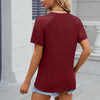 Summer Women Round Neck Flower Lace Patchwork Short Sleeve T-Shirt, Size: XXL(Wine Red)