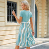 Women Spring Summer Round Neck Splicing Printed Short Sleeve Big Hem Dress, Size: S(Pea Green)