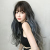 Wig Female Long Hair Big Wave Gradient Full Headgear(Gradient Fog Blue Gray 68CM)
