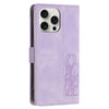 For iPhone 14 Pro Tulips Embossed Leather Phone Case with Lanyard(Purple)