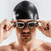 3 in 1 HD Waterproof and Anti-fog Large Frame Siamese Earplugs Swimming Goggles + Swimming Cap + Nose Clip Set for Men and Women(Blue)