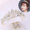 Pearl Bridal Crowns Handmade Headband Crystal Wedding Queen Crown Wedding Hair Clips(Gold With Earrings)