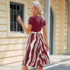 Women Spring Summer Round Neck Splicing Printed Short Sleeve Big Hem Dress, Size: M(Wine Red)