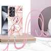 For Samsung Galaxy S25 Ultra 5G Electroplating Splicing Marble Flower IMD TPU Phone Case with Lanyard(Pink Flower)