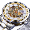 Winner Leisure Skeleton Diamond Luminous Pointer Watch Men Manual Mechanical Watch(Silver Belt Gold Shell White Face)